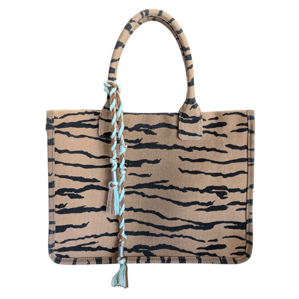 Vince Camuto Orla Canvas Tote In Desert Multi Tiger Print Beige Tan Cotton